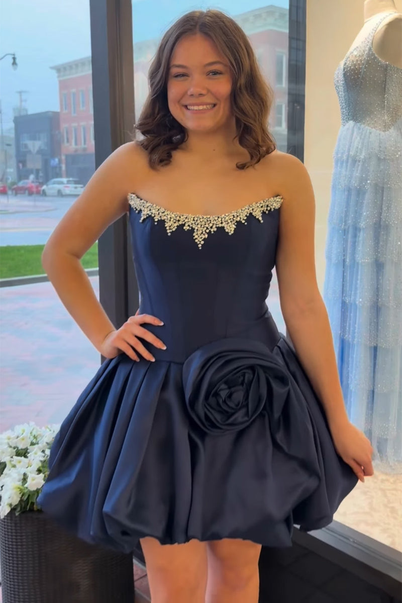 Load image into Gallery viewer, Sparkly Pink Beaded Short Corset Cocktail Dress with Flower