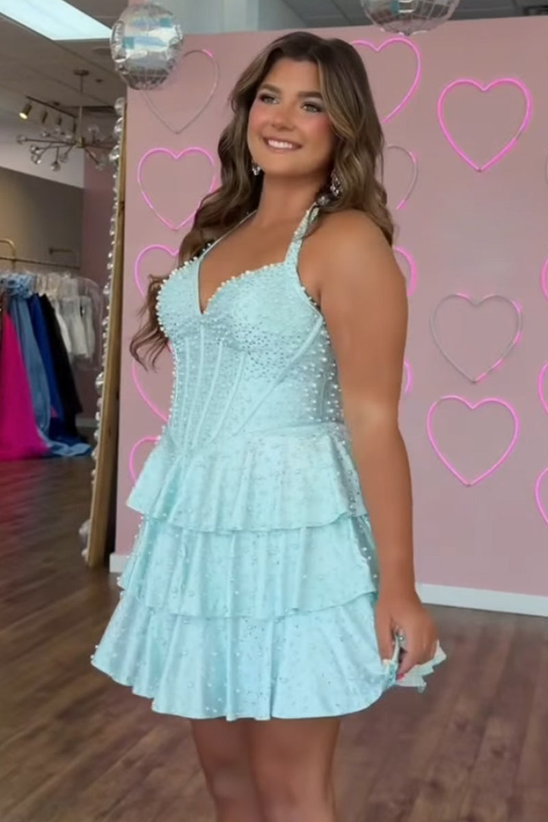 Load image into Gallery viewer, Yellow Sparkly Tiered Short Corset Cocktail Dress with Ruffles