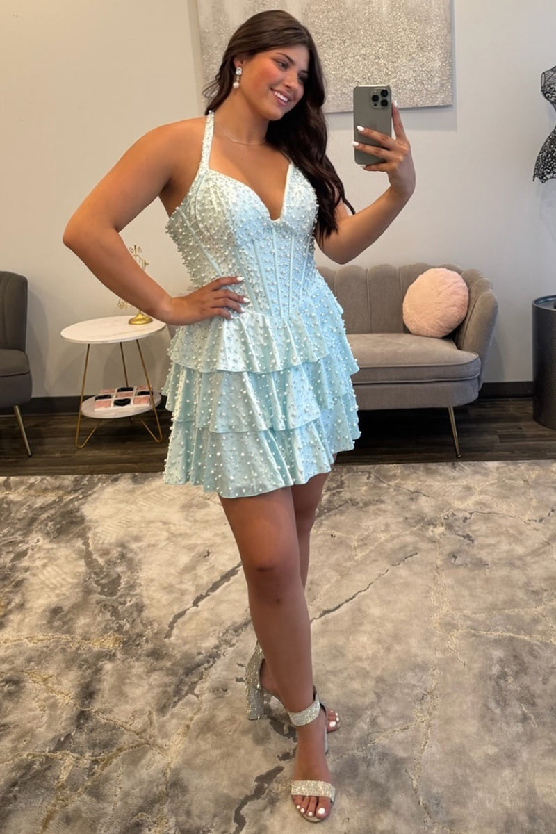 Load image into Gallery viewer, Yellow Sparkly Ruffled Tiered Corset Short Cocktail Dress