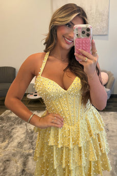 Yellow Sparkly Ruffled Tiered Corset Short Cocktail Dress