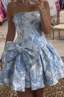 Load image into Gallery viewer, Blue Floral A Line Strapless Short Cocktail Dress with Bow
