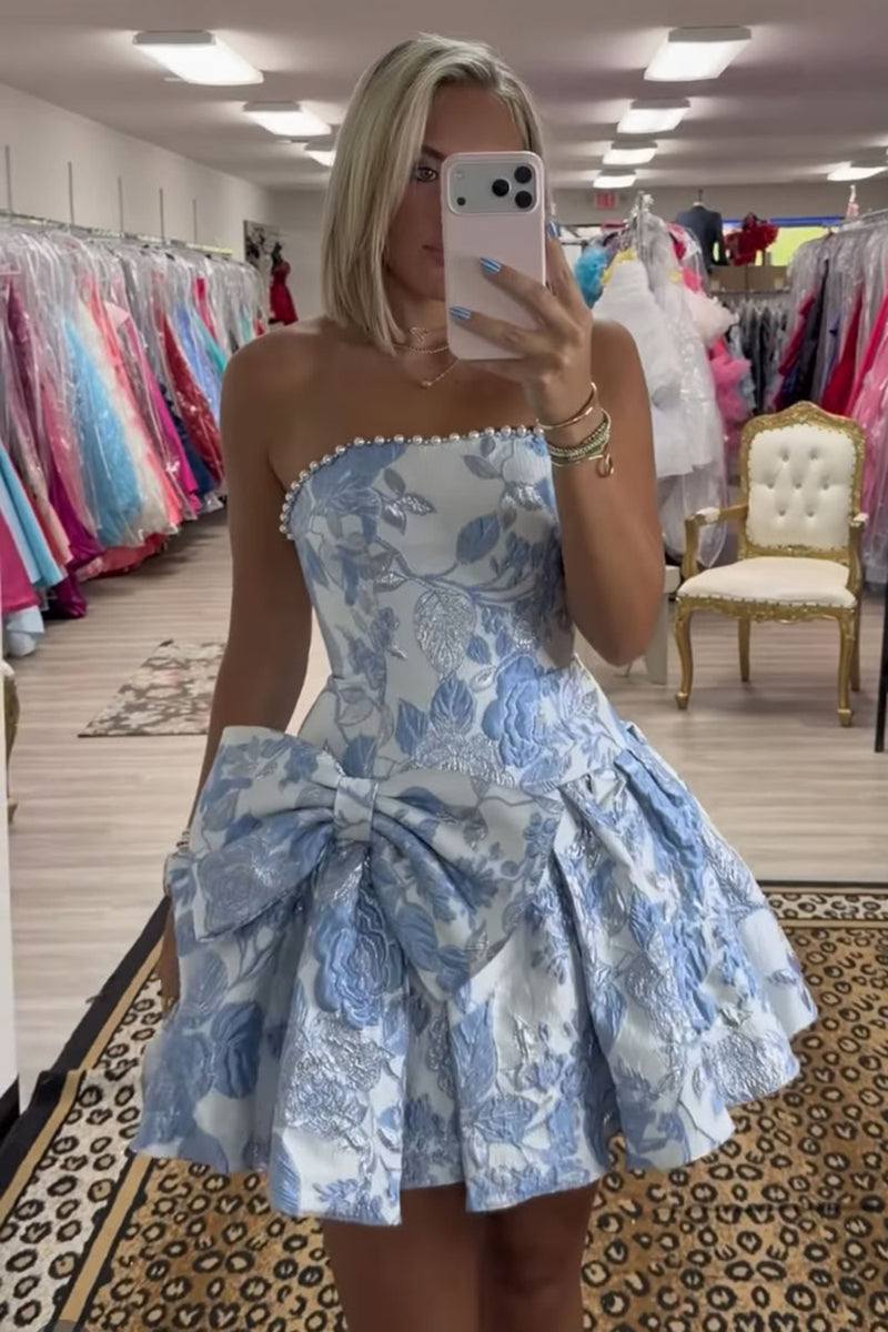Load image into Gallery viewer, Blue Floral A Line Strapless Short Cocktail Dress with Bow