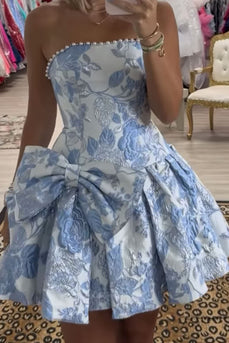 Blue Floral A Line Strapless Short Cocktail Dress with Bow