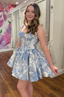 Load image into Gallery viewer, Floral Printed Blue Corset Short Cocktail Dress with Pearls