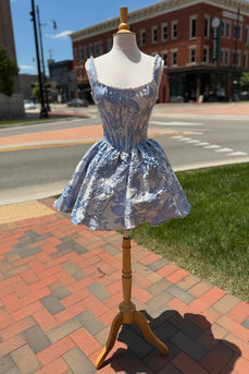 Floral Printed Blue Corset Short Cocktail Dress with Pearls