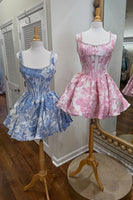 Load image into Gallery viewer, Floral Printed Blue Corset Short Cocktail Dress with Pearls