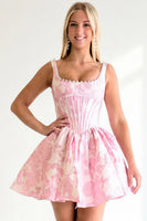 Load image into Gallery viewer, Floral Printed Blue Corset Short Cocktail Dress with Pearls