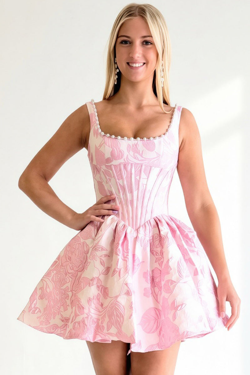 Load image into Gallery viewer, Floral Printed Blue Corset Short Cocktail Dress with Pearls
