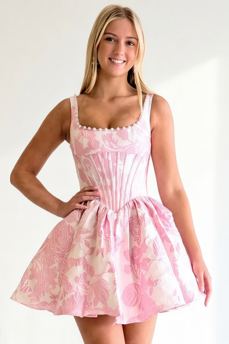 Load image into Gallery viewer, Floral Printed Blue Corset Short Cocktail Dress with Pearls