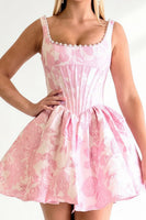 Load image into Gallery viewer, Floral Printed Blue Corset Short Cocktail Dress with Pearls