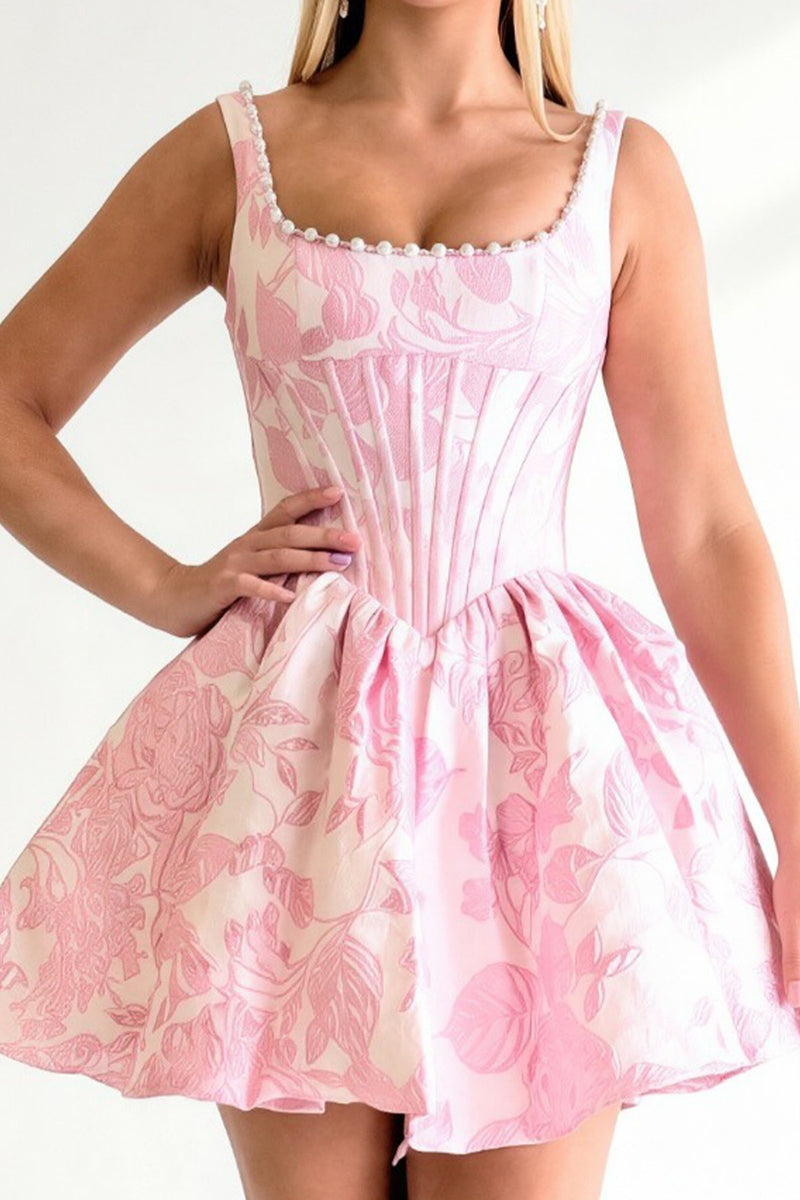 Load image into Gallery viewer, Floral Printed Blue Corset Short Cocktail Dress with Pearls
