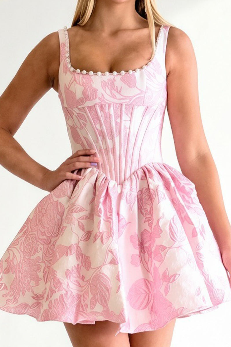 Load image into Gallery viewer, Floral Printed Blue Corset Short Cocktail Dress with Pearls