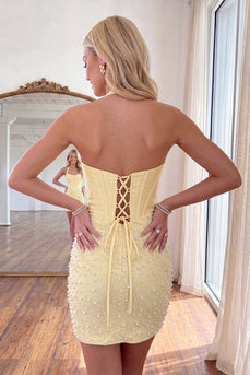 Sparkly Yellow Tight Short Corset Cocktail Dress with Pearls