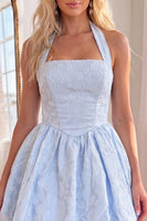 Load image into Gallery viewer, Floral Blue Halter A Line Short Cocktail Dress