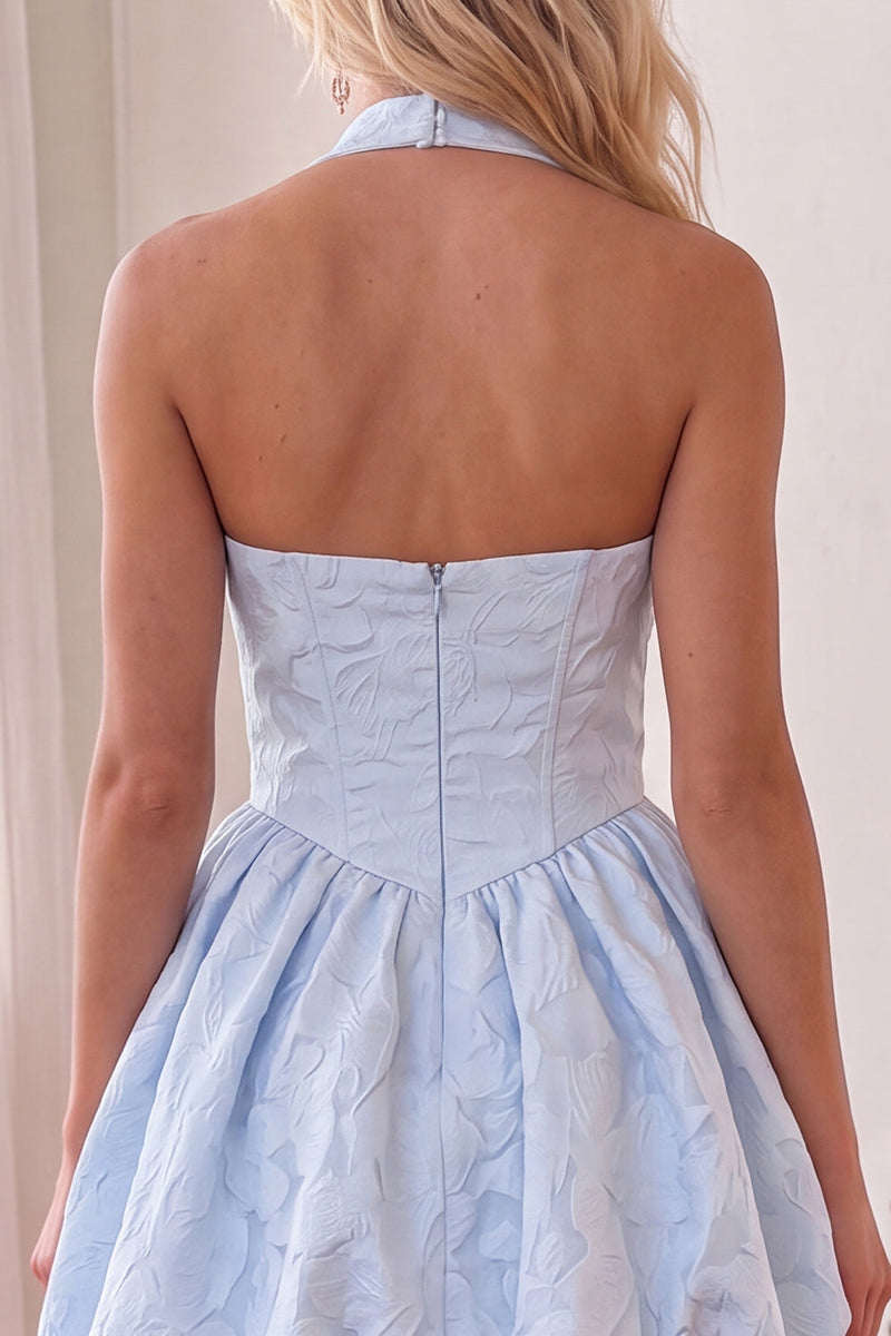 Load image into Gallery viewer, Floral Blue Halter A Line Short Cocktail Dress