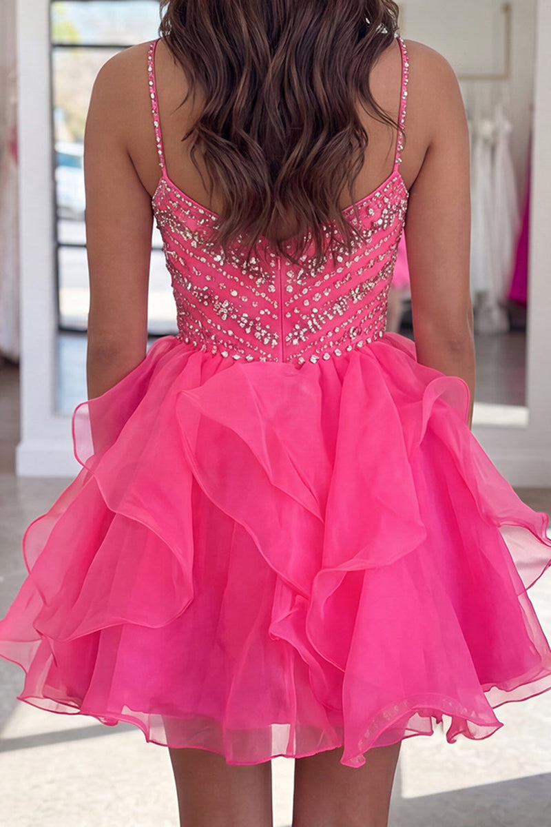 Load image into Gallery viewer, Sparkly Hot Pink Beaded A Line Short Cocktail Dress