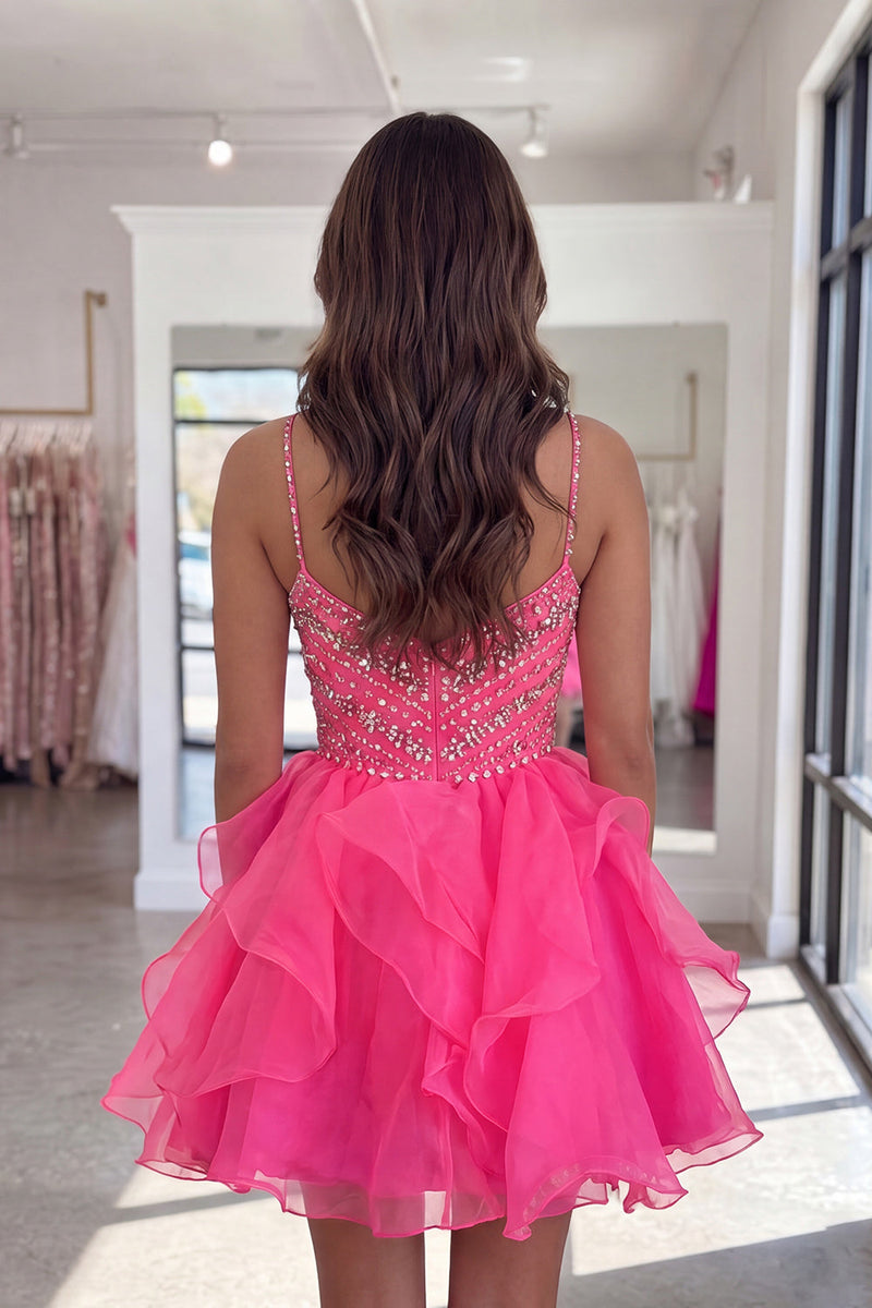Load image into Gallery viewer, Sparkly Hot Pink Beaded A Line Short Cocktail Dress