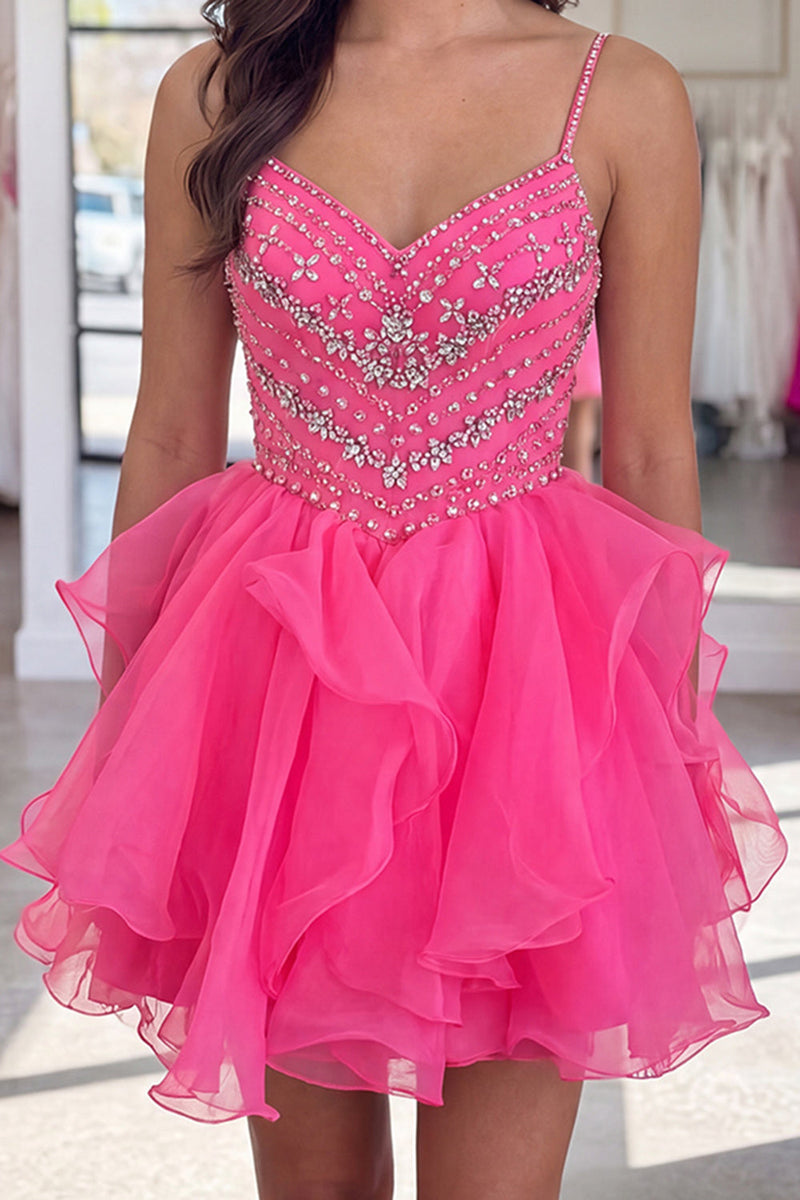 Load image into Gallery viewer, Sparkly Hot Pink Beaded A Line Short Cocktail Dress