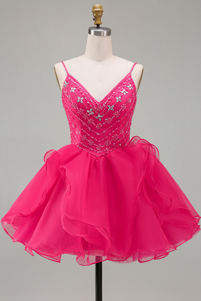 Load image into Gallery viewer, Sparkly Hot Pink Beaded A Line Short Cocktail Dress