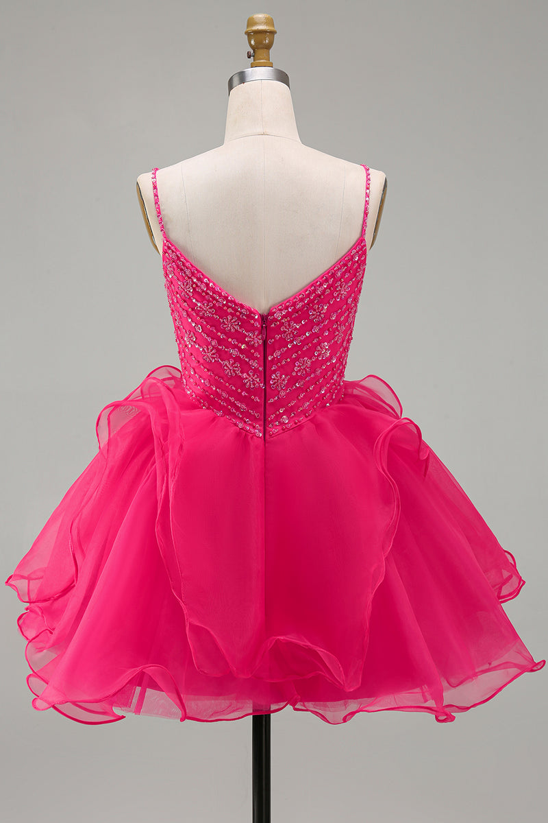 Load image into Gallery viewer, Sparkly Hot Pink Beaded A Line Short Cocktail Dress