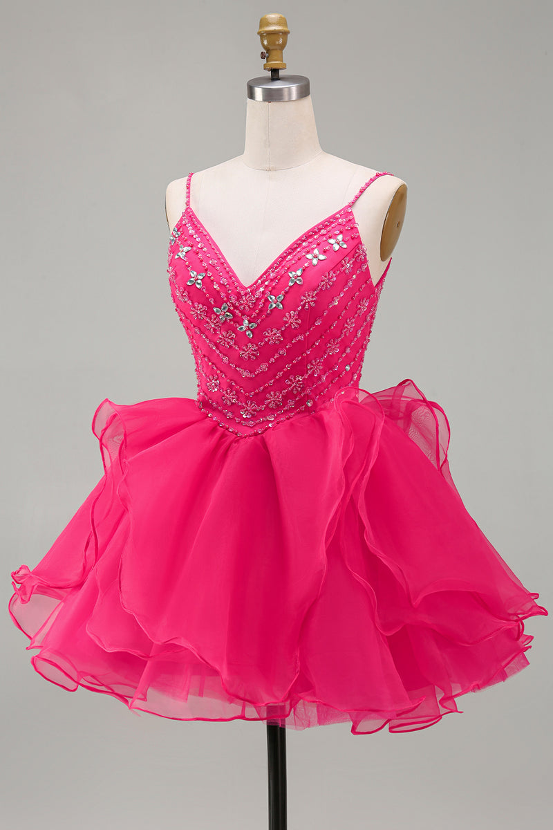 Load image into Gallery viewer, Sparkly Hot Pink Beaded A Line Short Cocktail Dress