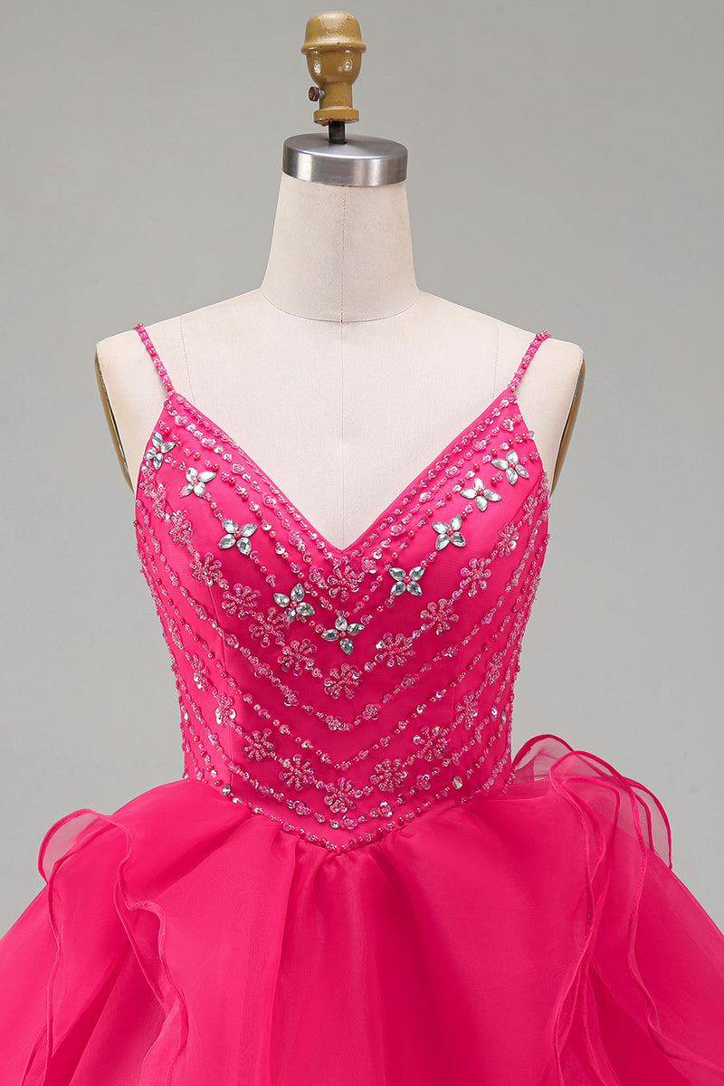 Load image into Gallery viewer, Sparkly Hot Pink Beaded A Line Short Cocktail Dress