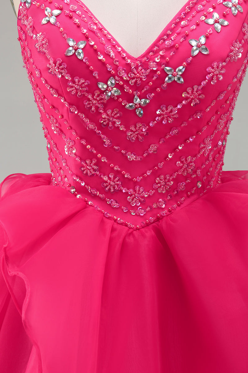 Load image into Gallery viewer, Sparkly Hot Pink Beaded A Line Short Cocktail Dress