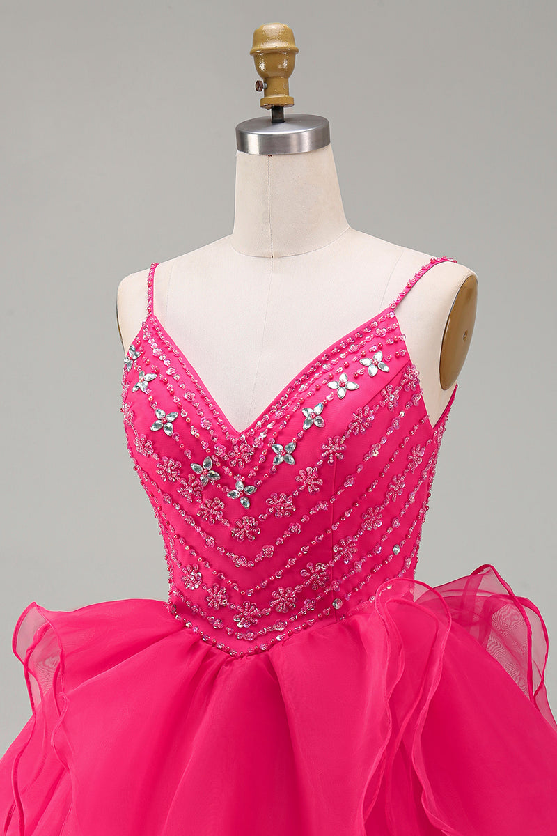 Load image into Gallery viewer, Sparkly Hot Pink Beaded A Line Short Cocktail Dress
