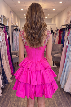 Fuchsia Corset A Line Beaded Short Cocktail Dress with Ruffles