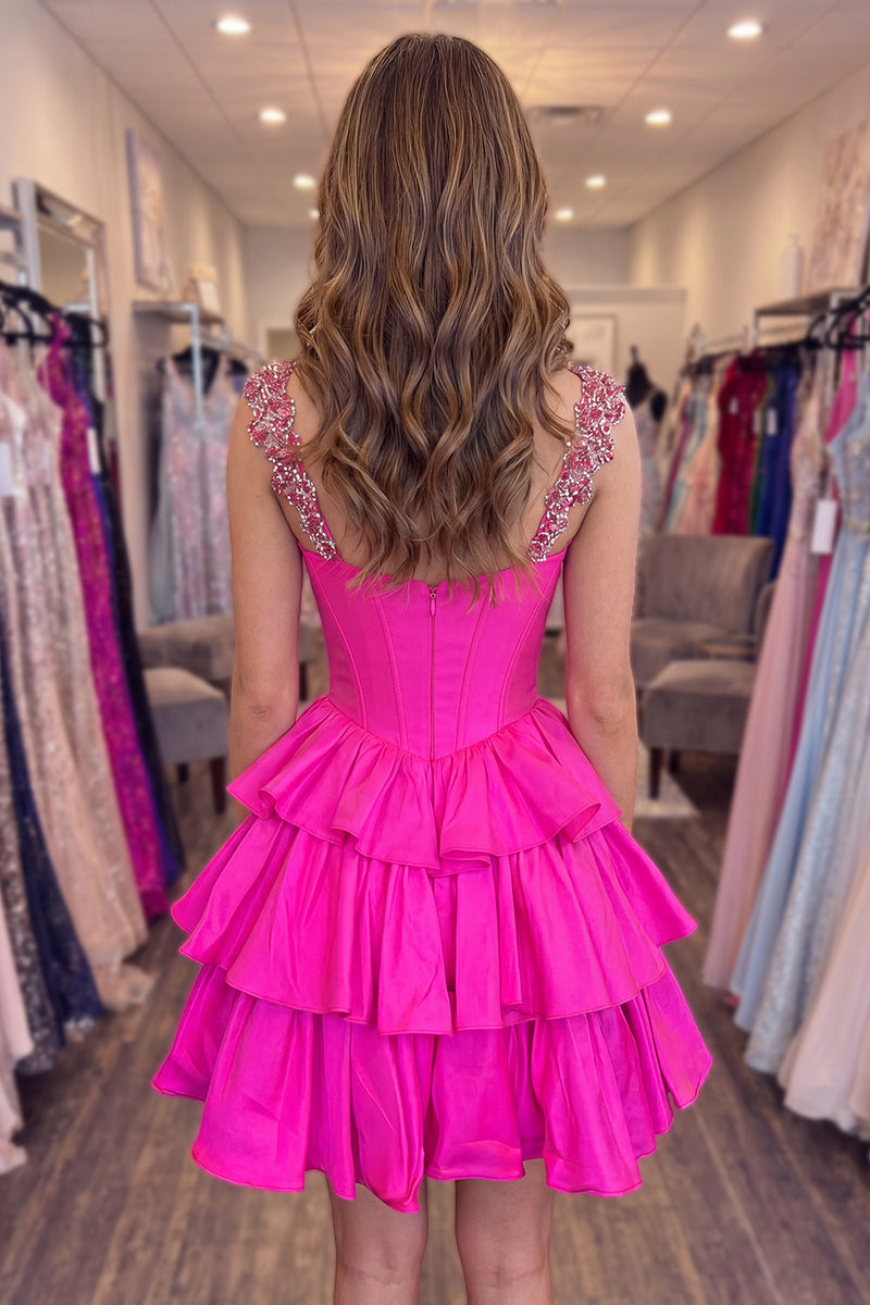 Load image into Gallery viewer, Fuchsia Corset A Line Beaded Short Cocktail Dress with Ruffles