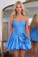 Load image into Gallery viewer, Blue Short Corset A Line Strapless Cocktail Dress with 3D Flower