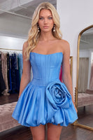 Load image into Gallery viewer, Blue Short Corset A Line Strapless Cocktail Dress with 3D Flower