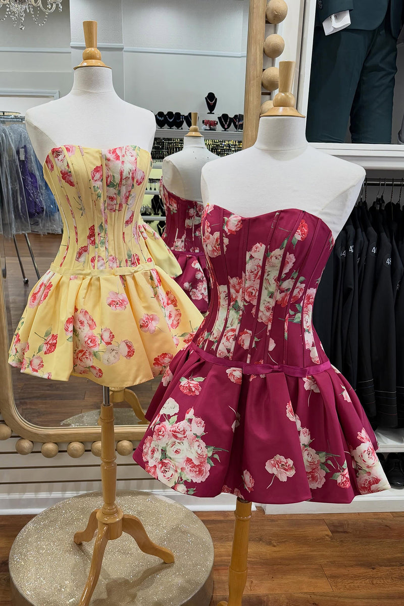 Load image into Gallery viewer, Yellow Corset Floral Strapless A Line Short Cocktail Dress