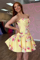 Load image into Gallery viewer, Yellow Corset Floral Strapless A Line Short Cocktail Dress