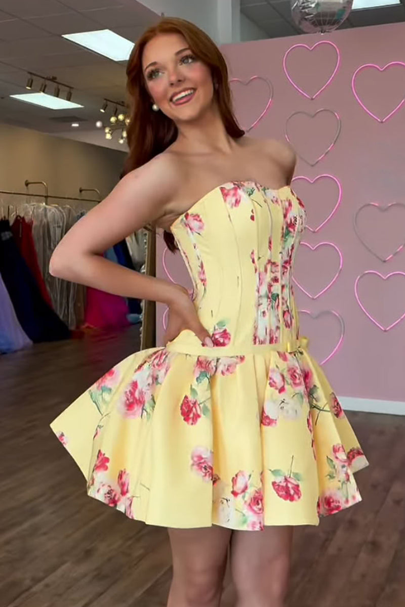 Load image into Gallery viewer, Yellow Corset Floral Strapless A Line Short Cocktail Dress