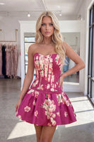 Load image into Gallery viewer, Dark Purple Floral Corset A Line Strapless Short Cocktail Dress