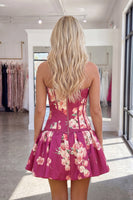 Load image into Gallery viewer, Dark Purple Floral Corset A Line Strapless Short Cocktail Dress