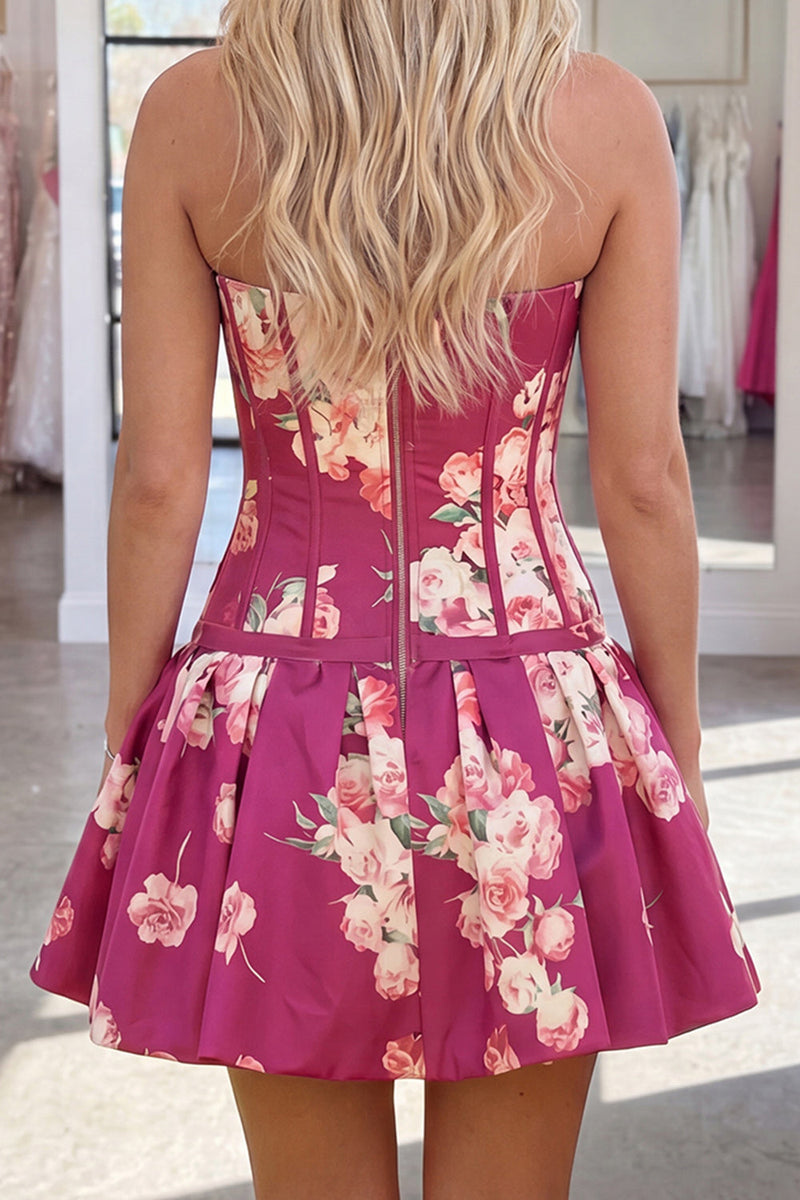 Load image into Gallery viewer, Dark Purple Floral Corset A Line Strapless Short Cocktail Dress