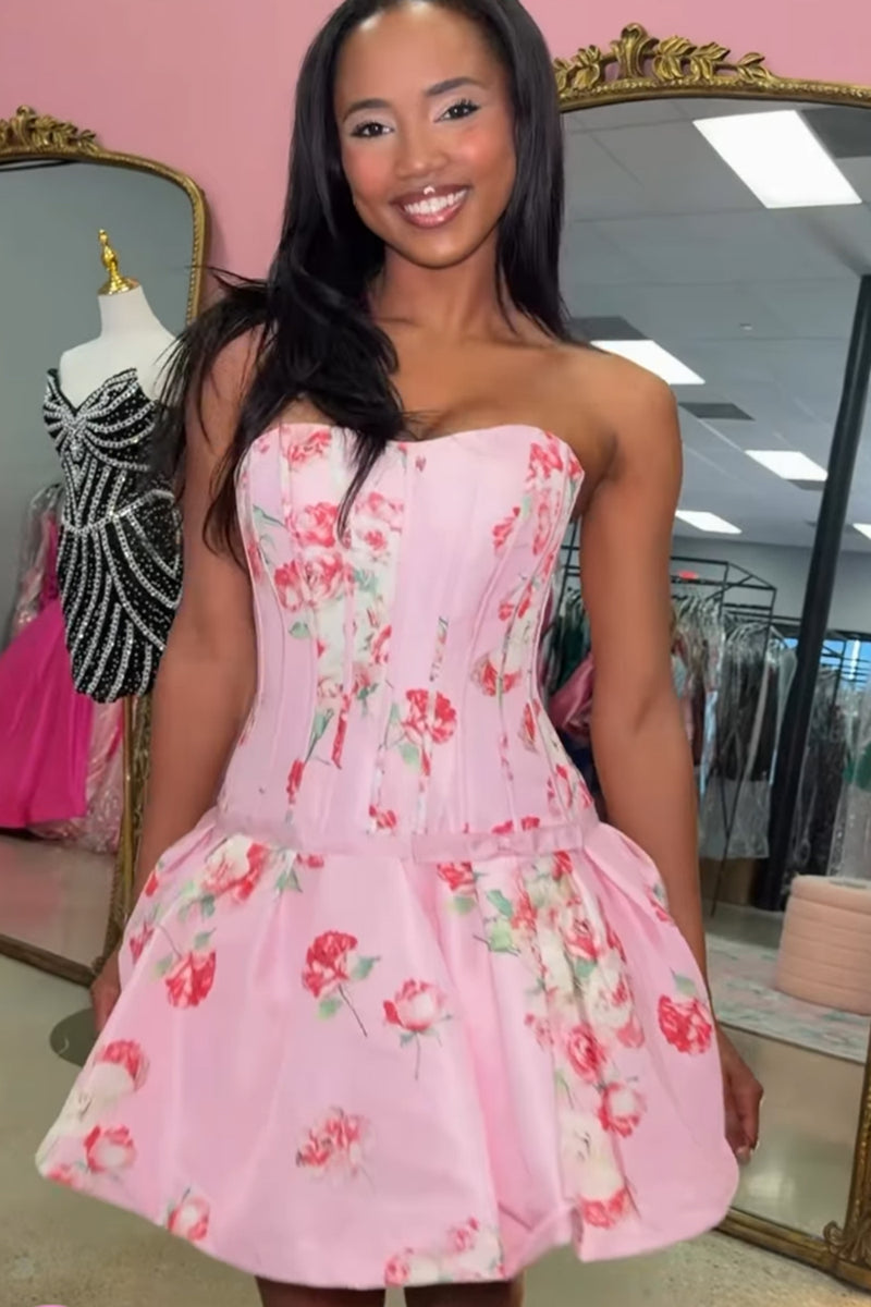 Load image into Gallery viewer, Dark Purple Floral Corset A Line Strapless Short Cocktail Dress