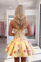 Load image into Gallery viewer, Dark Purple Floral Corset A Line Strapless Short Cocktail Dress