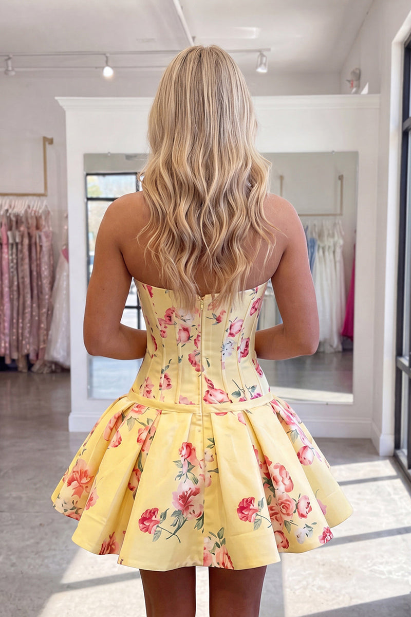 Load image into Gallery viewer, Dark Purple Floral Corset A Line Strapless Short Cocktail Dress