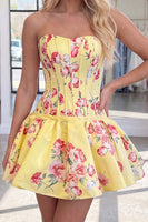 Load image into Gallery viewer, Dark Purple Floral Corset A Line Strapless Short Cocktail Dress
