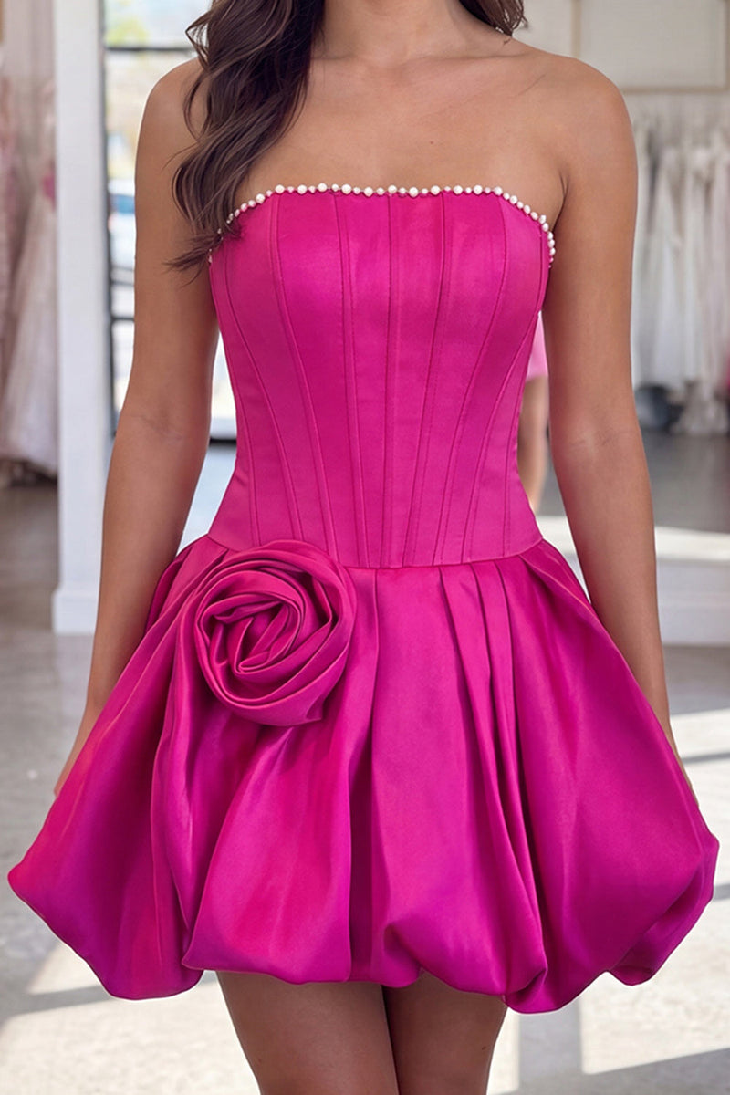 Load image into Gallery viewer, Fuchsia Short A Line Corset Strapless Cocktail Dress with Pearls