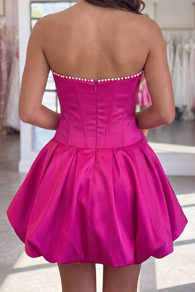 Load image into Gallery viewer, Fuchsia Short A Line Corset Strapless Cocktail Dress with Pearls