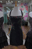 Load image into Gallery viewer, Sparkly Dark Blue Tight Short Halter Floral Beaded Cocktail Dress