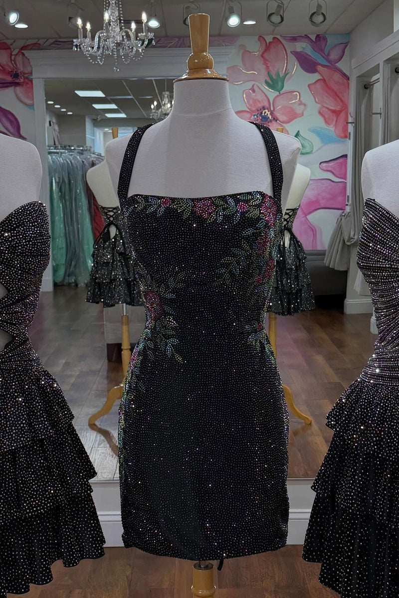 Load image into Gallery viewer, Sparkly Dark Blue Tight Short Halter Floral Beaded Cocktail Dress