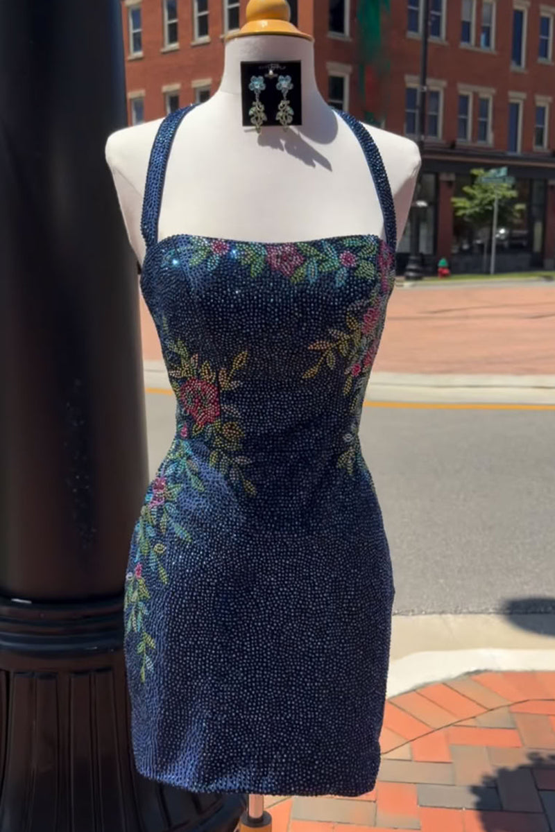 Load image into Gallery viewer, Sparkly Dark Blue Halter Tight Short Floral Cocktail Dress with Beading