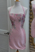 Load image into Gallery viewer, Sparkly Dark Blue Tight Short Halter Floral Beaded Cocktail Dress