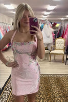 Load image into Gallery viewer, Sparkly Dark Blue Tight Short Halter Floral Beaded Cocktail Dress