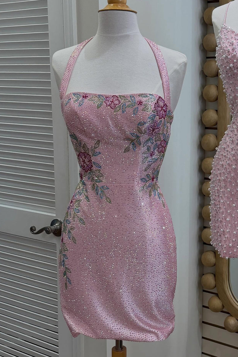 Load image into Gallery viewer, Sparkly Dark Blue Tight Short Halter Floral Beaded Cocktail Dress